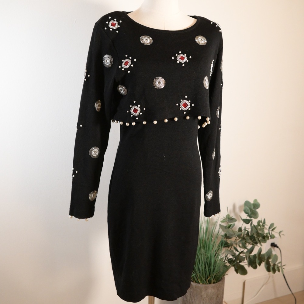 Andrea Jovine Black 100% Wool Embellished Pearl Jewel Knit Dress Size M